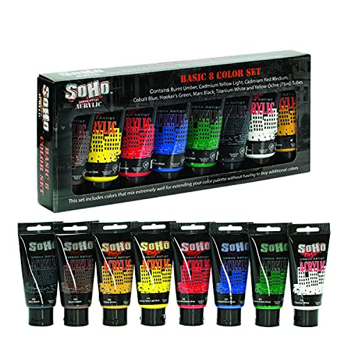 Soho Urban Artist Heavy Body Acrylic Paint - Set of 8-75mL - Assorted - Thick, Rich Color, Excellent Coverage, Professional Quality - Artists Acrylic Paint