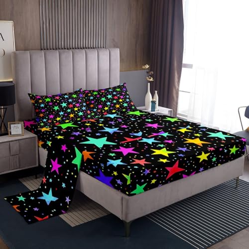 Erosebridal Kawaii Glitter Stars Bed Sheets Rainbow Glowing Star Queen Size Sheet Sets Psychedelic Space Cosmos Sheets Colorful Neon Light Star Flat Sheet Girls Cute Fitted Sheet 4pcs Cozy