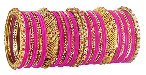 NMII Metal with Zircon Gemstone and Beads Studded Ball Chain Linked Glossy Finished Velvet Bangles Chuda set for Women and Girls, (Magenta_2.8 Inches), Pack Of 46 Bangles
