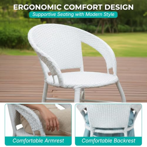 Image of DEVOKO 3 Pieces Patio Furniture Set, Wicker Outdoor Chairs and Coffee Table for Balcony, HDPE Rattan Bistro Table Set for Lawn, Garden, Backyard (White)