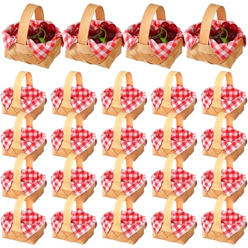 Geelin 24 Pcs Summer Mini Woven Picnic Basket Party Favor Red White Gingham Paper Napkins Wood Chip Mini Flower Fruit Picnic Basket Chip for Summer Wedding Party Baby Shower Decoration (Medium)