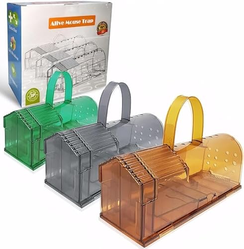 Trampa Ratones Vivos, Paquete de 3, Trampa para Ratones Reutilizable Extragrande con Asa, Apta para Animales, Fácil de Limpiar y Montar, para Uso en Interiores y Exteriores (MarróN/Verde/Gris)