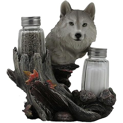 Decorative Gray Wolf Glass Salt and Pepper Shaker Set with Holder Figurine for Cabin and Rustic Lodge Restaurant Bar or Kitchen Table Decor, Wildlife Animal Collectibles & Wolves Sculptures As Gifts for Timberwolves or Wolfpack Fans Cover
