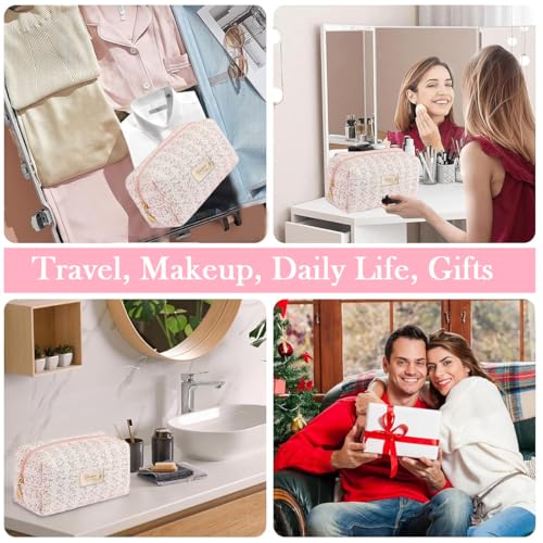 Image of MAYCREATE Makeup Organizer Bag, Floral Prints Cosmetic Makeup Pouch Bag, Large Capacity Travel Toiletry Pouch for Women, Portable Soft Zipper Cloth Storage Bag - Pink, 20.5x9x9.5cm | Travel Toiletry Pouch for Women, Portable Soft Cloth Storage Bag, Pink, 20.5x9x9.5cm