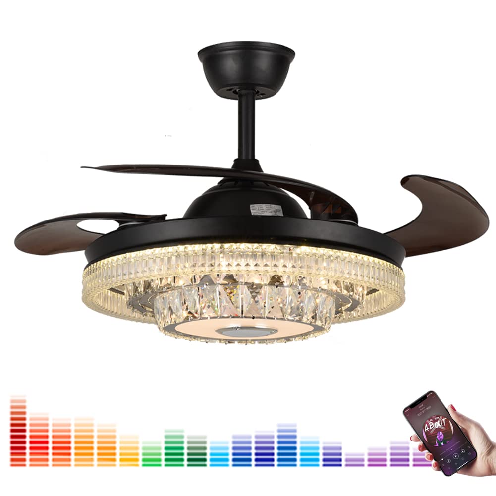 42" Retrectalbe Ceiling Fan with Light and Music Player Fandelier with Bluetooth Speaker Remote Control Reverse 7 Dimmable 6 Speeds Chandelier Fan for Living/Dining Room(Black)