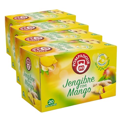 Pompadour | Jengibre con Mango | Infusión | Sabor Vigorizante y Afrutado | 20 Bolsitas de 2,25 Gr (Paquete de 4)