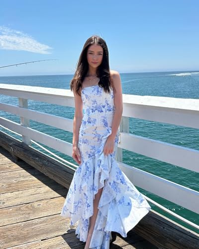 Image of Strapless Prom Dress for Womens Ruffles Satin Wedding Party Maxi Dress Bodycon Cocktail Gowns with Slit