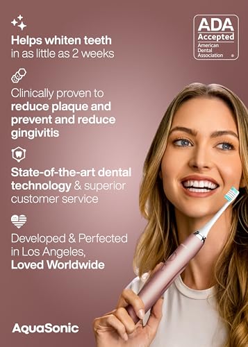 aquasonic vibe series ultra-whitening toothbrush  ada accepted electric toothbrush - 8 brush heads amp travel case  40000 vpm motor amp wireless charging - 4 modes w smart timer  satin rose gold