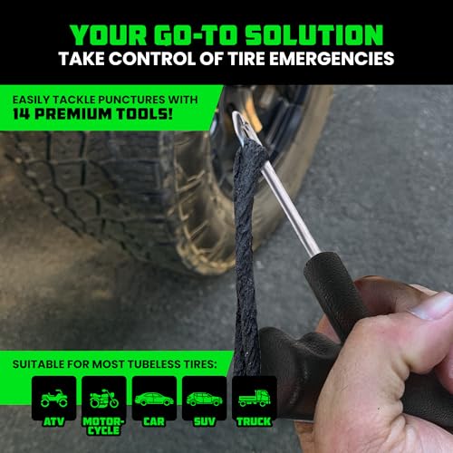 Image of Rhino USA Compact Tire Repair Kit (14-Piece) - Heavy Duty Plug Set with Included Lubricant to Fix Punctures and Seal Flats - Tubeless Tool for Car, Motorcycle, ATV, UTV, RV & Trailer
