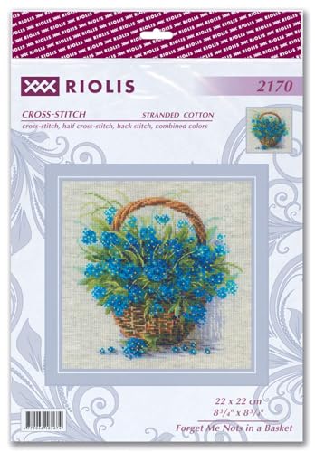 Image of RIOLIS - Forget Me Nots in a Basket 2170, Cross Stitch Kits 8 inch x 8 inch, Cross Stitch Kits for Adults, Floral Counted Cross Stitch Kits, Embroidery Kit for Beginners & Advanced, Crossstitching Kits