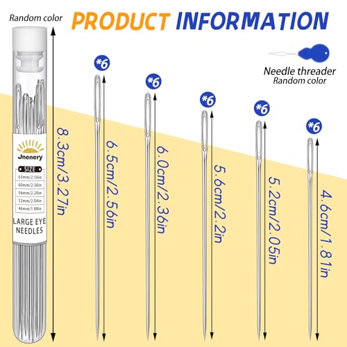 Image of 30 PCS Large Eye Sewing Needles, 5 Size Hand Sewing Needles, Leather Embroidery Thread Needle, Stainless Steel Yarn Knitting Quilting Needle with Threader for Crafts, Repair