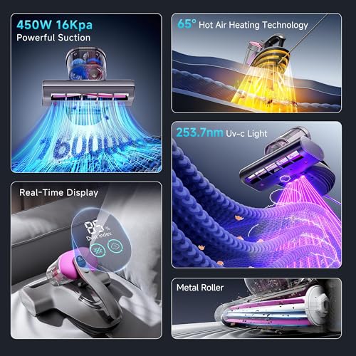 Image of uwant 16Kpa Mattress Vacuum Cleaner 450W Powerful Bed Vacuum Set of 1 | 36000RPM Tap Bed Vacuum, 253.7 UV-C Light, 149℉ Hot Air, Dust Indicator Mattress Vacuum with HEPA Filter, Dual Cup for Bed