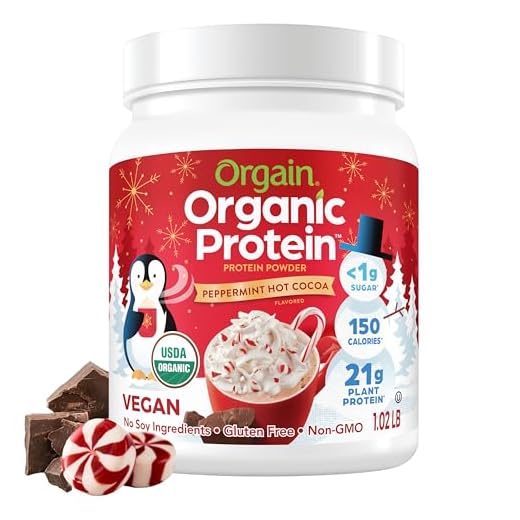 Orgain Organic Vegan Protein Powder, Peppermint Hot Cocoa Holiday Flavor - 21g of Plant Protein, 5g Prebiotic Fiber, No Lactose Ingredients, No Added Sugar, Non-GMO, For Shakes & Smoothies, 1.02 lb