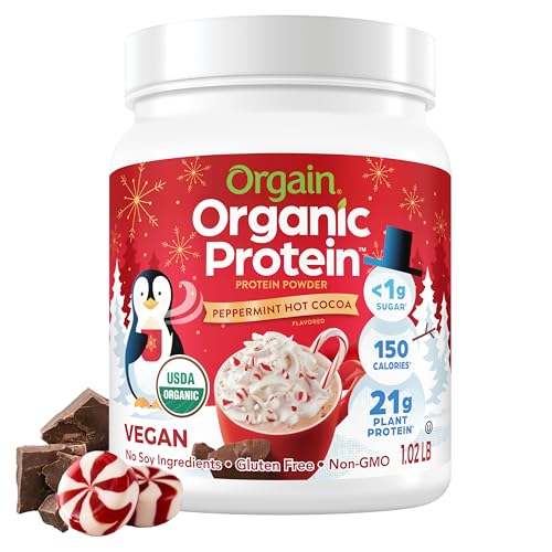 Orgain Organic Vegan Protein Powder, Peppermint Hot Cocoa Holiday Flavor - 21g of Plant Protein, 5g Prebiotic Fiber, No Lactose Ingredients, No Added Sugar, Non-GMO, For Shakes & Smoothies, 1.02 lb