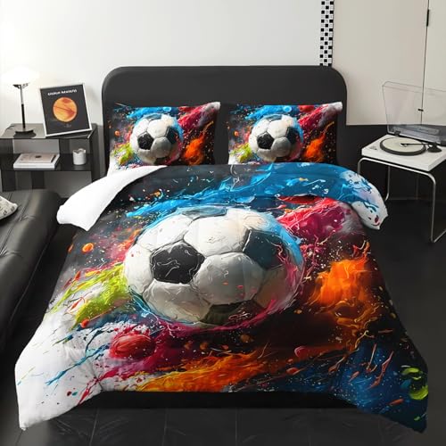 Image of Soccer Comforter Queen Size,Sport Kids Comforter Set,3Pcs Bedding Set Printed Comforter with 2 Pillowcases,Down Alternative,Soft and Lightweight,for All Seasons