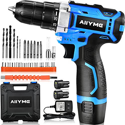 Cordless Drill, AIIYME 12.6V Drill Driver 265In-lbs Torque 25+3 Clutch 2 Batteries 0-1500RPM Variable Speed Electric Drill Driver Kit, 3/8' Keyless Chuck LED Power Drill for Drilling Wall Wood Metal