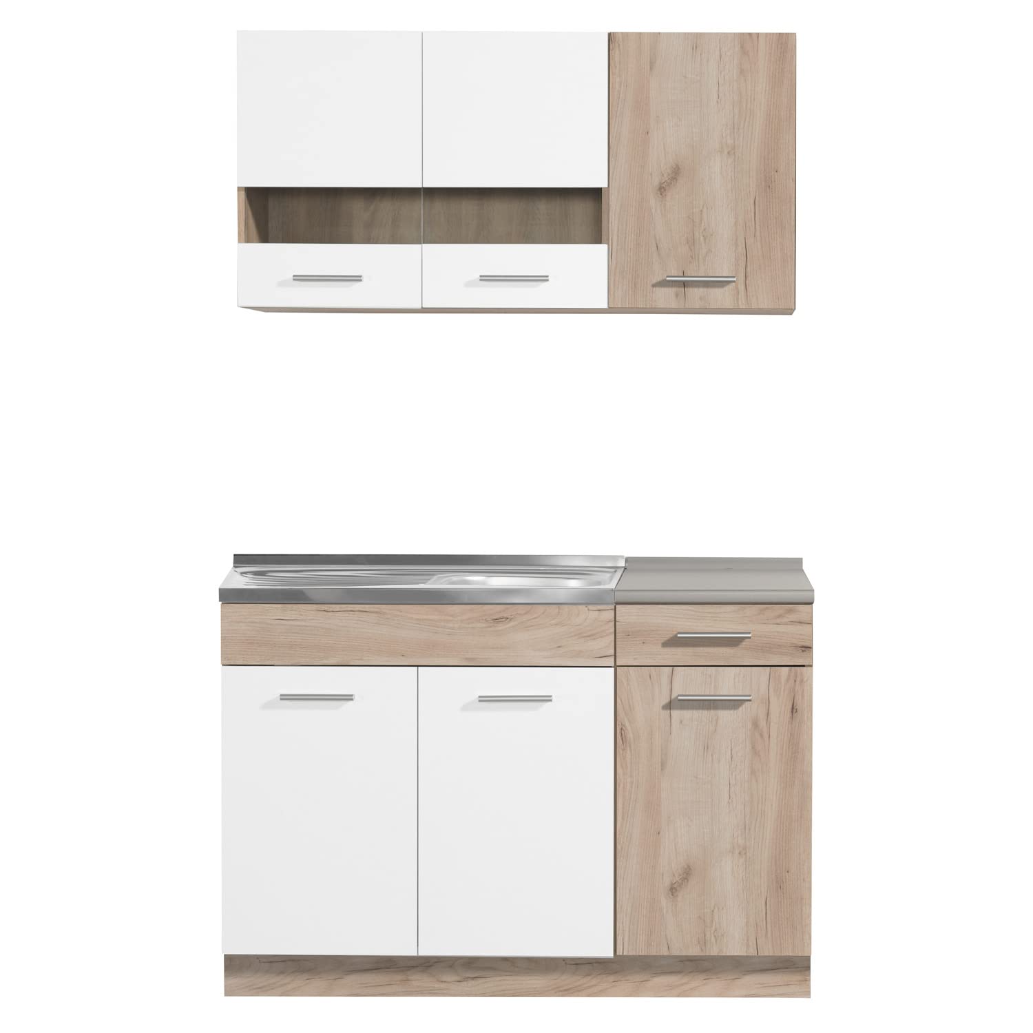 Homestyle4u 2358, Küche Küchenzeile Küchenblock Eiche Holz Weiß Einbauküche Single Küchen Schränke 120 cm