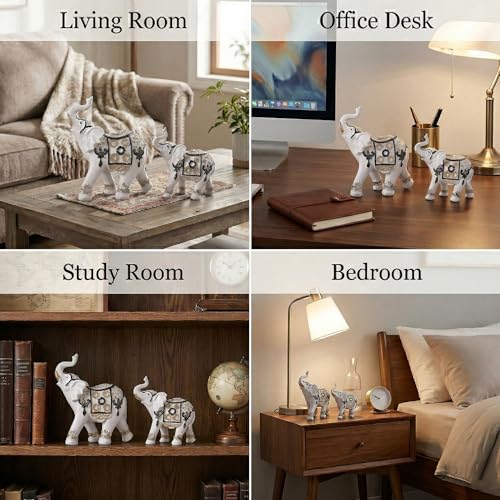 Image of Kuber Industries Set of 2 Elephant Figurines Idol for Home Decor | 6x5.5 Inch Resin Vastu Wealth, Prosperity Gift for Diwali & Housewarming | White & Golden