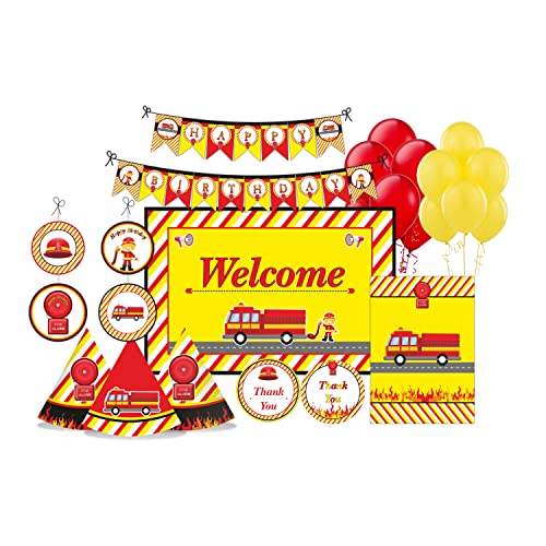 Image of PRETTY UR PARTY Fire Truck Party Decorations Kit - 80 Pcs Includes Banner,Balloons,Thank You,Centerpiece,Danglers,Fire Truck Birthday Party Supplies,Birthday Party Decor,Birthday Banner For Boys Kids