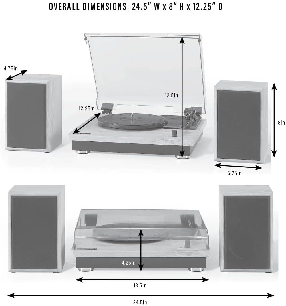 Diagram showing dimensions of Crosley Brio Turntable and speakers