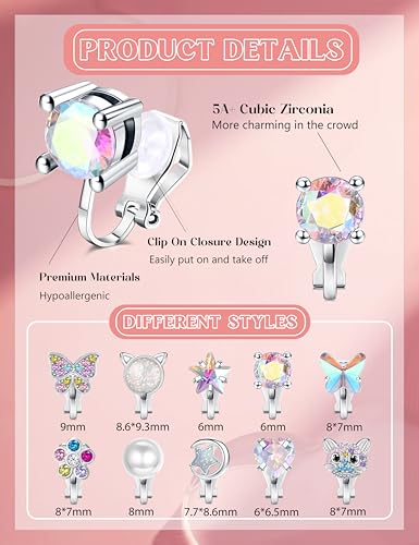 Thunaraz 10 Pairs Clip on Stud Earrings Non Pierced Butterfly Flower Pearl CZ Clip on Earring for Girls Women Hypoallergenic Non Pierced Earrings Set for Girls3