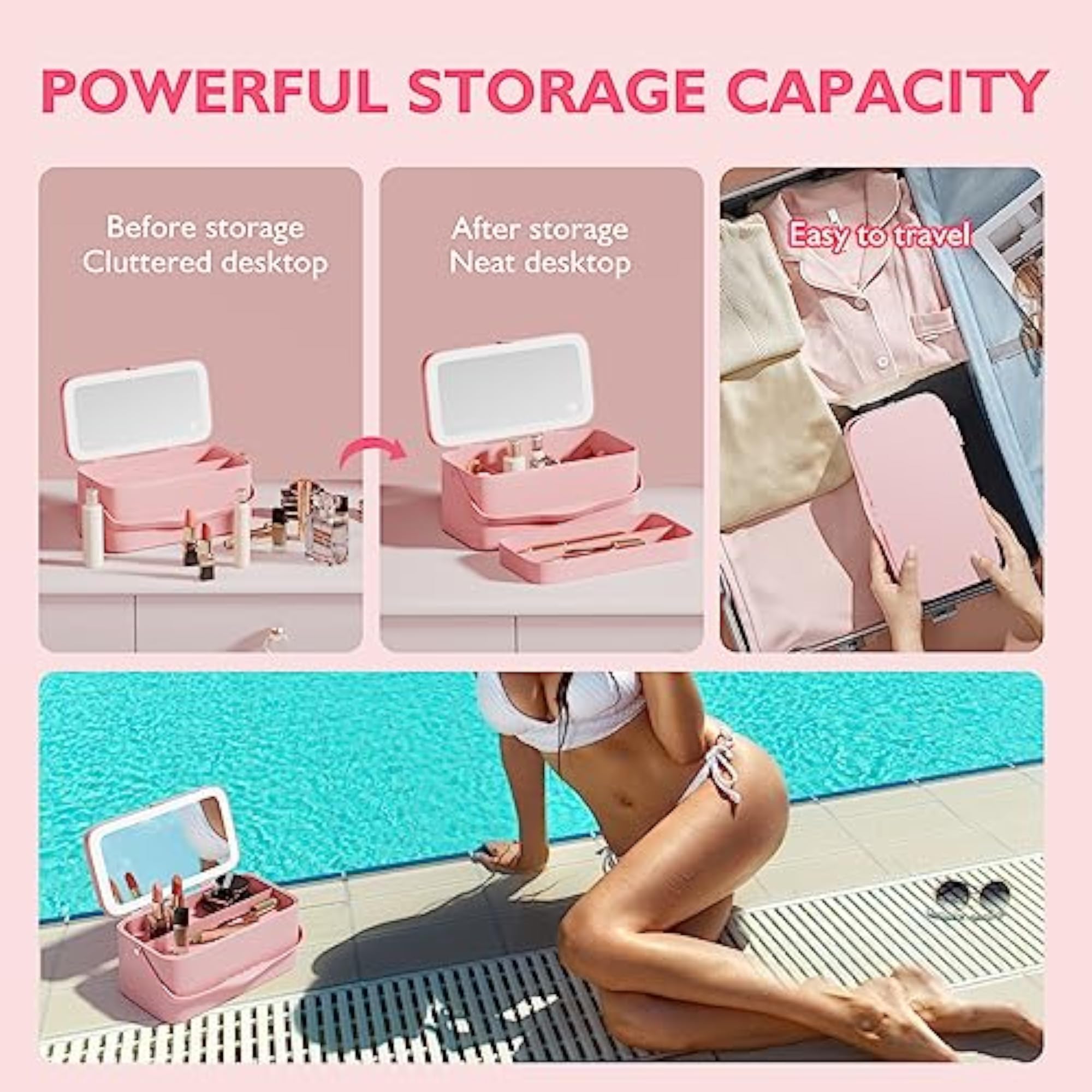 Makeup Train Case with Mirror and Light, Portable Organizer