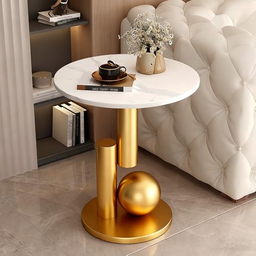 Image of Round End Table, Luxury Circle Modern Side Table, Marble Side Tables for Living Room, Creative Aesthetic Coffee Table Bedside Nightstand for Couch Bedroom Sofa Patio Balcony (White Gold, H 21.7inch)