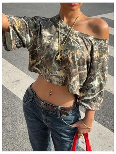 SOLY HUX Women's Y2k Camo T Shirt Off The Shoulder Half Sleeve Y2k Crop Tops Streetwear Summer T Shirt3