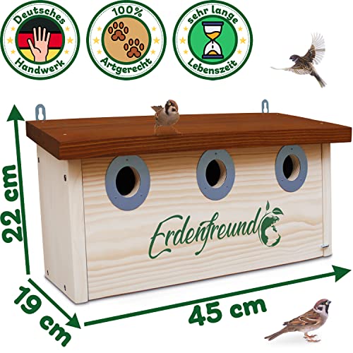 ERDENFREUND® Spatzen Nistkasten Marder-/Katzenschutz räubersicherer Brutkasten für Vögel pickfester Metall-Spechtschutz rostfrei 3er Spatzenhaus 34 mm (Kolonie Nistkasten Sperling 3 Nisträume)