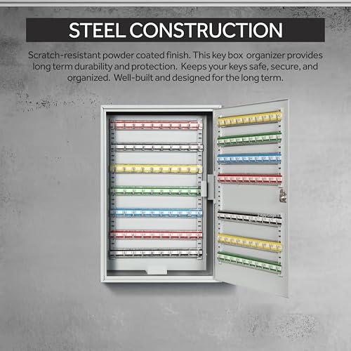 200 Position Steel Key Cabinet - Organize and Secure Key Storage Lock Box with Numbered Hooks and Tags for Valets, Hotel, Office, Car Dealerships and More (K200) (Light Grey)