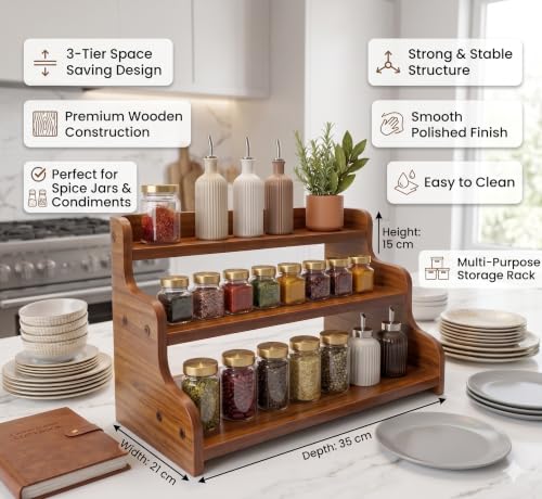 Image of 3-Tier Spice Rack, 13.8 Inch Wood Spice Bottles, Jars, Seasonings, Baking Supplies, Shelf Countertop Spice Storage Holder, Kitchen Pantry Cabinet Organizer Cupboard