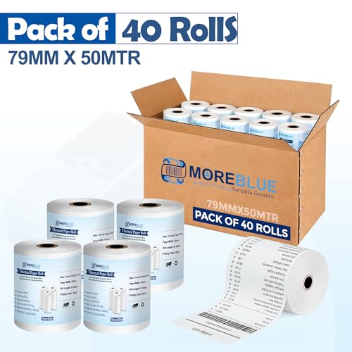 Image of MOREBLUE Pack of 40 79mm x 50m Direct Thermal Receipt Paper Rolls, Premium Ink-Free POS Billing Rolls for Credit Machines, Food Billing, ATM & Petrol Pump Receipts