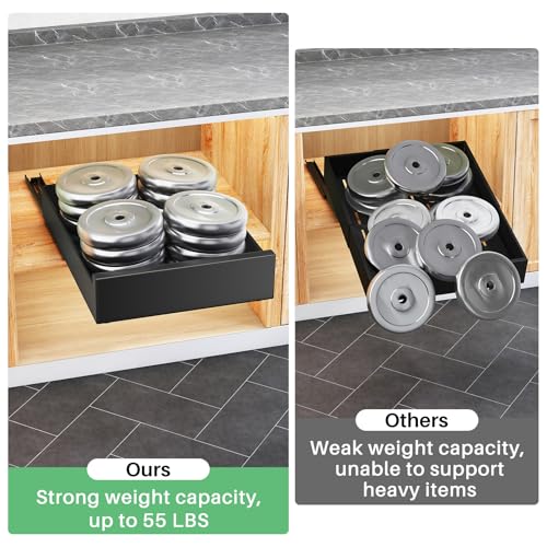 Kitstorack Pull Out Cabinet Organiser, Pull Out Shelf Slide Out Drawers Storage for Kitchen Cupboards, Heavy Duty Extendable Sliding Drawer,No Need Drill, 43 Depth x 25 Width x 8 Height cm, Black