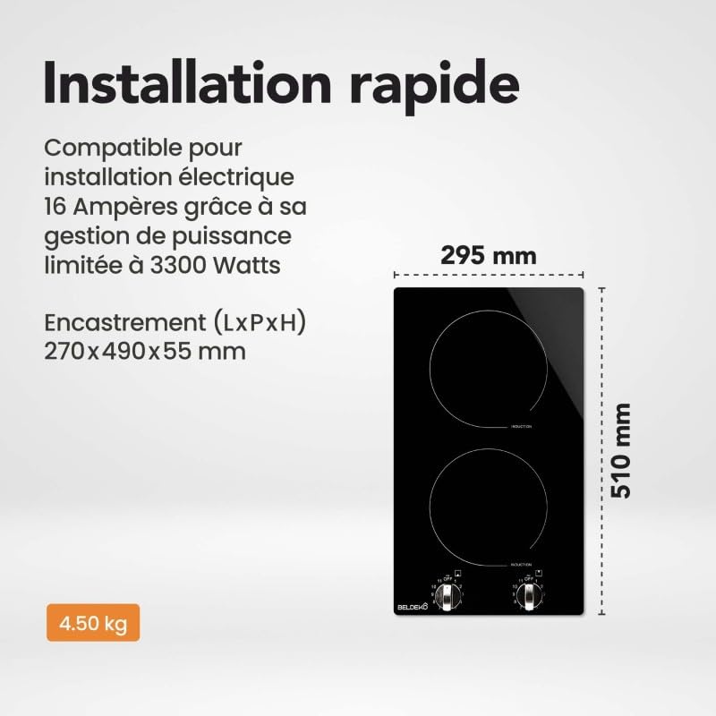 BELDEKO Plaque Induction 2 Feux Encastrable - 3600W - Commandes Manettes - Minuteur Sécurité Enfant - Marque Française