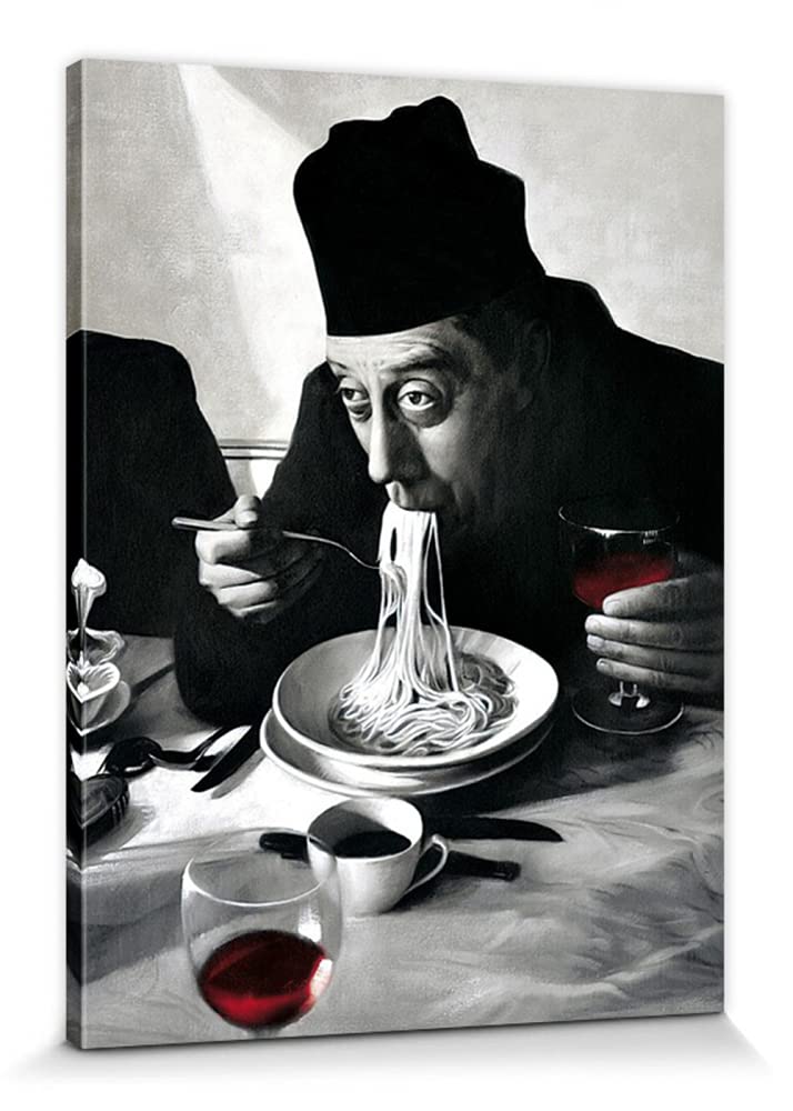 1art1 Kochkunst Poster Spaghetti, Rotwein, Don Camillo Bilder Leinwand-Bild Auf Keilrahmen | XXL-Wandbild Poster Kunstdruck Als Leinwandbild 80x60 cm