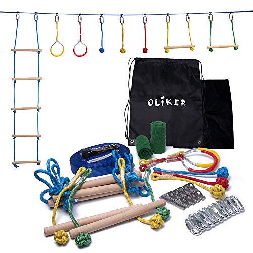 OLIKER Ninja Warrior Obstacle Course for Kids Ninja Slackline 44 Feet Monkey Bar Kit Adjustable Position Outdoor Play Equipment Ninja Line for Kids Backyard Obstacle Training with Rope Ladder