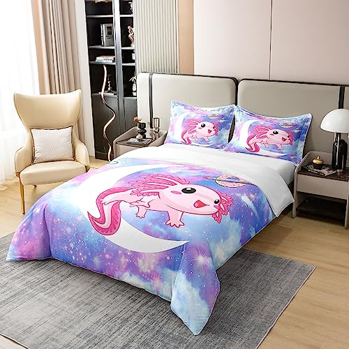 Kawaii Axolotl 100% Cotton Duvet Cover Cartoon Axolotl Pink Purple Galaxy Bedding 100% Cotton Set 3D Animals for Children Microfiber Salamander Duvet Set Room Decor Quilt Cover Single Zipper - Image 2