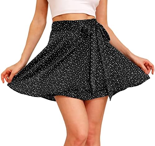 Mingnos Women's Summer Adjustable Wrap Lace-up Belt High Waisted Satin Silky Mini Short Skirt (Dots-Black, L)