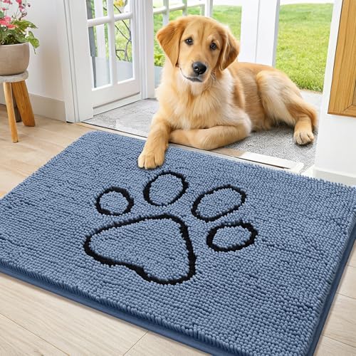 Image of Smiry Dog Door Mat for Muddy Paws, Absorbent Dirt Trapper Non Slip Quick Dry Washable Chenille Mat for Mud Dogs, Entry Rug for Indoor and Outdoor (36x24 Inches, Airy Blue and Black)