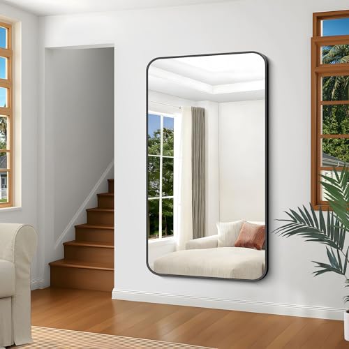 Image of Black Bathroom Mirror, 66x36 inch Aluminum Metal Frame Rectangular Vanity Mirror, Large Wall Mounted Rectangle Mirrors with Rounded Corner for Over Sink Bedroom Living Room Horizontal /Vertical