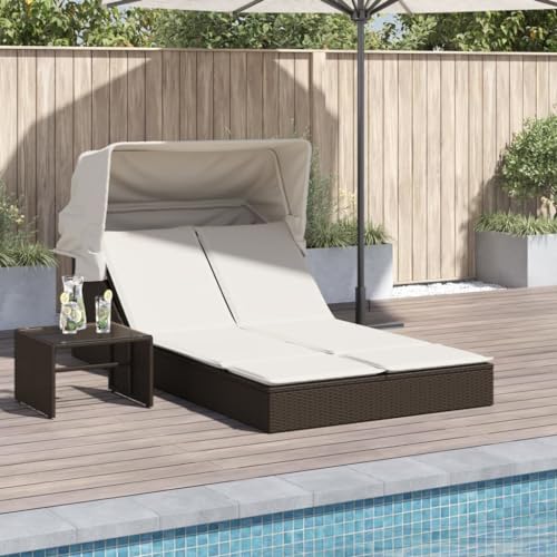 IKAYAA Cama de Ratán para Patio con Capota, Tumbona Doble de Ratán, Sofá Cama Doble para Jardín, Patio Trasero, Porche, Césped, Marrón