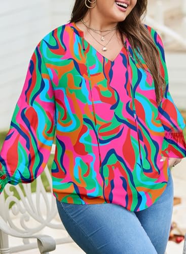 Eytino Plus Size Tops for Women Boho Floral Print V Neck Long Sleeve Drawstring Chiffon Blouses Shirts(1X-5X)3