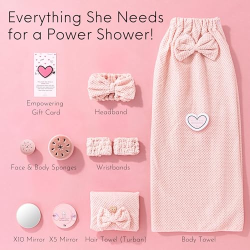 Happy Lolli Power Shower Gift Set – College Essential Bath Accessories for Women and Teen Girls – Includes Body Towel, Hair Towel, Wrist Bands, Headband, Face Sponge and More (Fresh in Pink) - Image 3