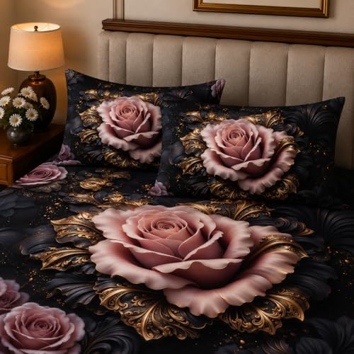 Image of 7D Digital Printed King Size Bedsheet | 240TC Premium Cotton Feel Microfiber with 2 Pillow Covers | Soft Breathable & Wrinkle Free Bedding Set | (BlackFloral, King Size-225x250CM)