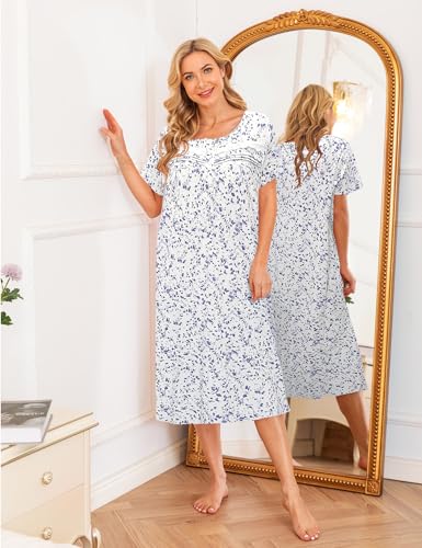 Image of Bloggerlove Nightgowns for Women Soft 100% Cotton House Dress Short /Long Sleeve Night Gowns Comfy Sleepwear S-3XL