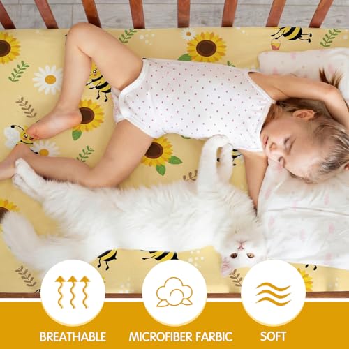 Image of VitalCozy 4 Pcs Yellow Bee Crib Sheet Set Newborn Bedding Nursery Baby Sheets for Girl Boys Baby Gifts for Standard Crib and Toddler Mattresses, 52 x 28 x 8 Inches
