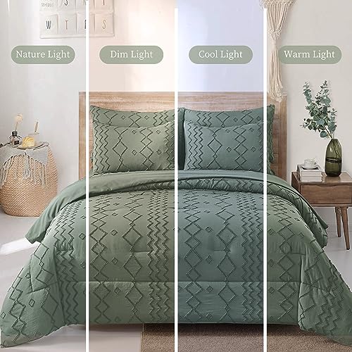 Green Tufted Comforter Set Queen With Sheets,7 Pieces Bed In A Bag Boho Comforter Shabby Chic Geometry Embroidery Bedding Set Soft Microfiber Farmhouse Comforter (Queen 90×90 Inches) #TOP4