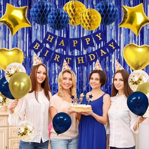Image of Navy Blue Gold Birthday Party Decorations Supplies Happy Birthday Banner Honeycomb Balls Fringe Curtain Foil Balloons Hanging Swirls Cake Topper Tablecloth Party Supplies for Men Boys