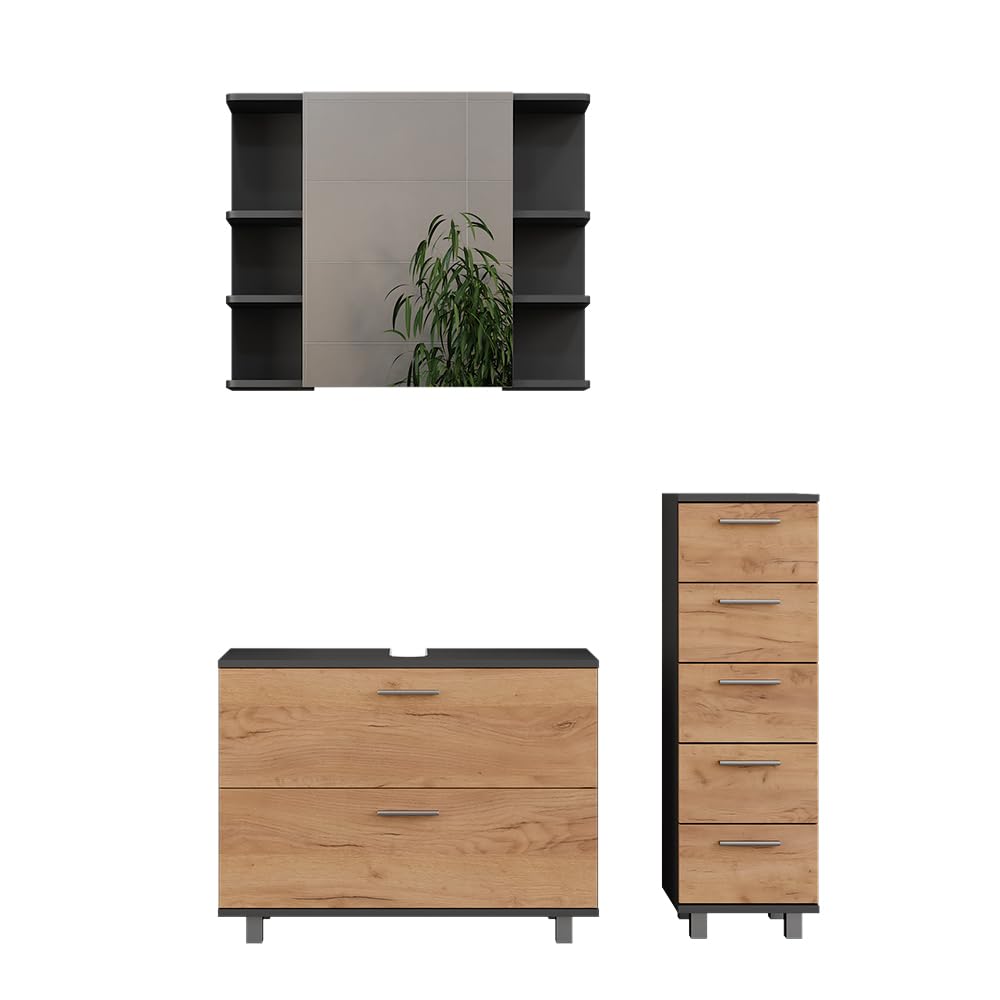 Vicco Set di mobili da bagno Ilias, Quercia dorata/​antracite, 80.2 cm, composto da mobile sottolavabo, specchiera e mobile medio