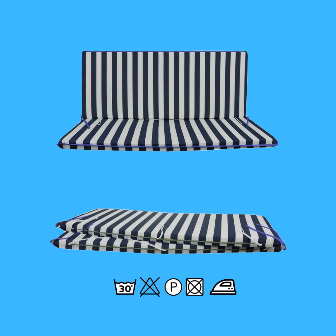 Generico Cuscino Fasciato per dondolo 4 posti 170*55*6 cm imbottito e rivestito in cotone totalmente sfoderabile compreso di schienale e seduta (Bianco e blu)